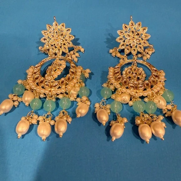 Indian ethnic Silver Gold and Aqua Floral Chandelier Earrings - Picture 4 of 6